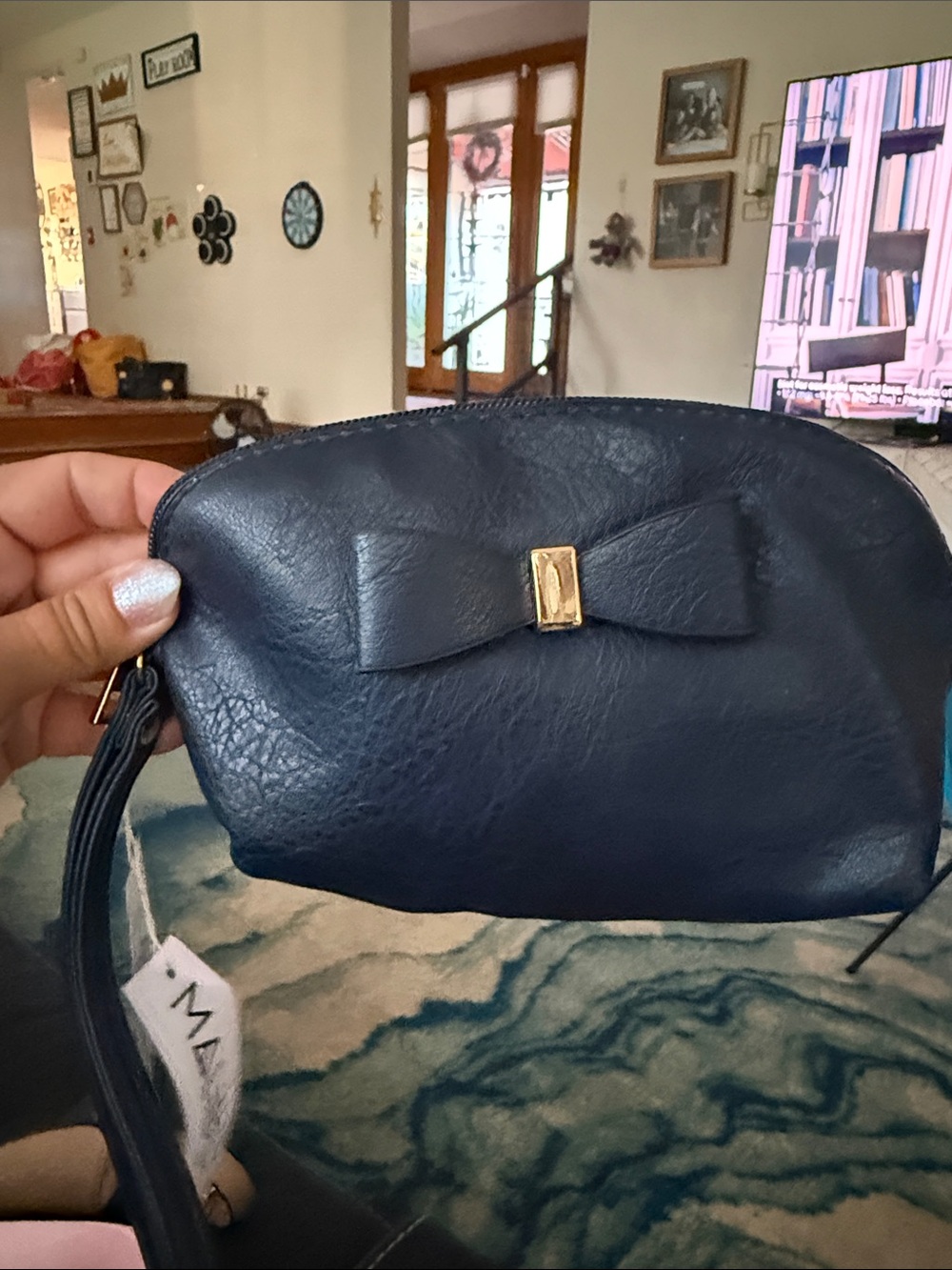NWT Malibu Skye Vegan Classic Bow Navy Wristlet Pouch